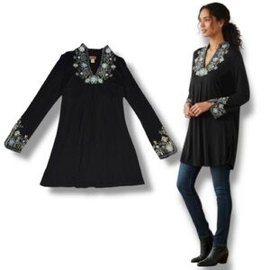 ✨ Midnight Velvet Embroidered Tunic Dress - Boho Sequin Black Top L ✨